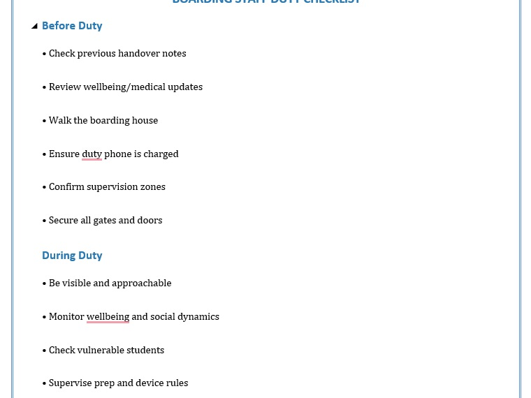 Boarding Staff Duty Checklist - Template