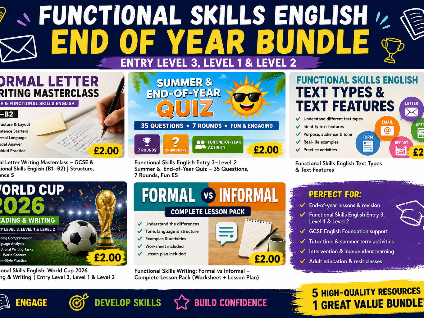Functional Skills English End of Year Bundle | Formal Letter Writing, Text Types, Writing Skills, World Cup 2026 & Summer Quiz | Entry 3, Level 1 & Level 2
