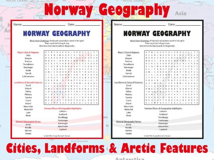 Norway Geography Word Search | Cities, Landforms & Arctic Features | Grades 4–7