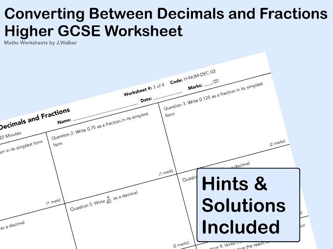 GCSE Maths Worksheet: Converting Between Decimals and Fractions - Higher Tier