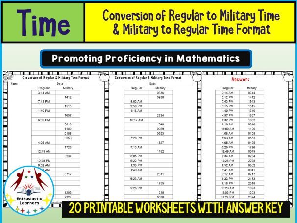 Conversion of Regular to Military Time & Military to Regular Time Worksheets Math