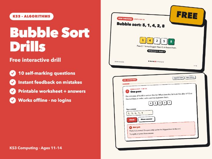 Bubble Sort: Free Self-Marking Drill | Passes, Comparisons & Swaps | KS3 Computing | No Login