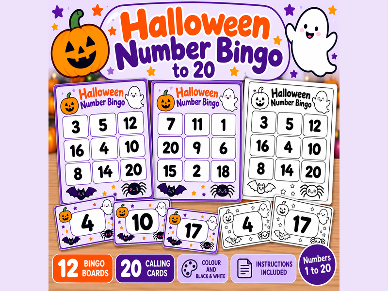 Halloween Number Bingo to 20  KS1 Maths Game  12 Printable Boards & Calling Cards