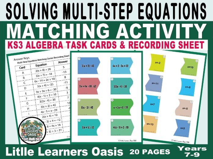 Solving Multi-Step Equations Matching Activity | KS3 Algebra Task Cards & Recording Sheet