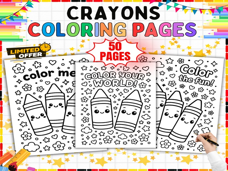 School Supply Coloring Pages | 50 Page Coloring Sheets | Crayons and Art Words
