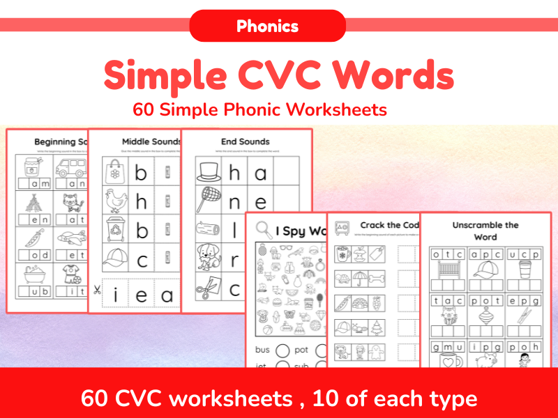 Phonics Worksheets Bundle, Beginning Middle End Sounds, CVC Words, EYFS KS1 Phonics Activ