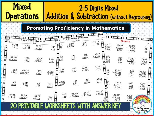 2–5 Digit Mixed Addition and Subtraction without Regrouping Worksheets | Multi-Digit Arithmetic Prac