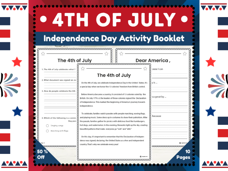 4th of July 2nd Grade Activities Booklet : Reading Activities, Writing Prompts