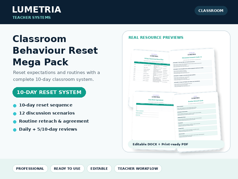 A complete 10-day classroom behaviour reset pack with routines, reflection, 12 scenarios, class agre
