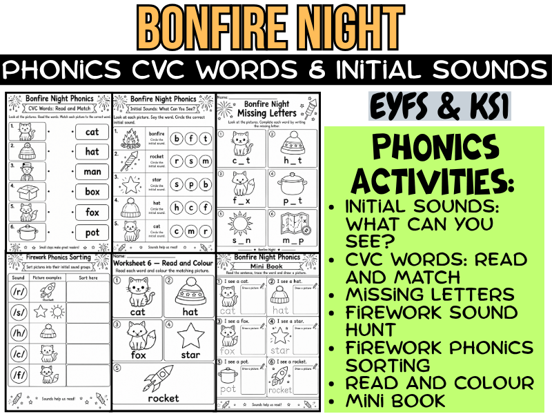Bonfire Night Phonics Worksheets | CVC Words, Initial Sounds & EYFS KS1 Activities