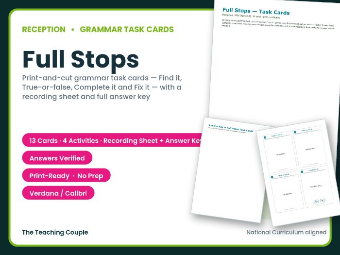 Reception Full Stops Task Cards – 13 Grammar Cards + Answer Key