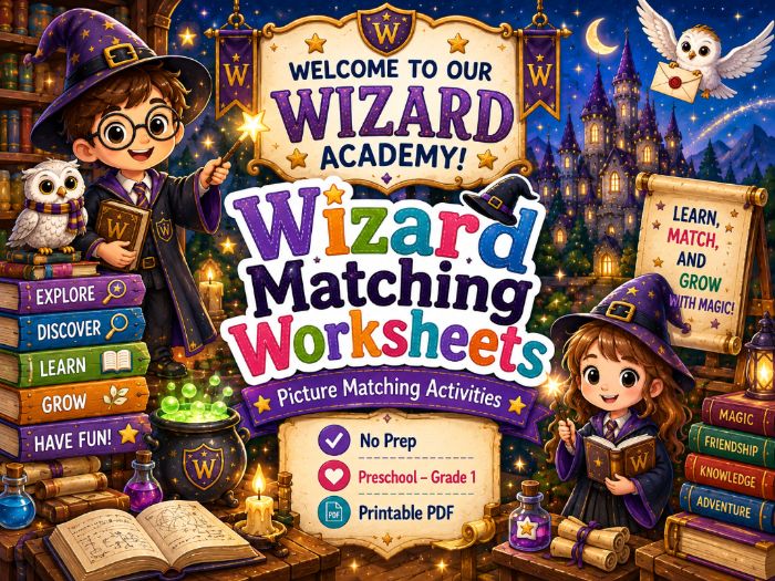 Wizard Academy Matching Worksheets | Picture, Letters, Numbers & Shapes | Preschool–Grade 1