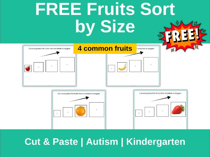 FREE Fruit Size Sorting Cut & Paste Worksheets