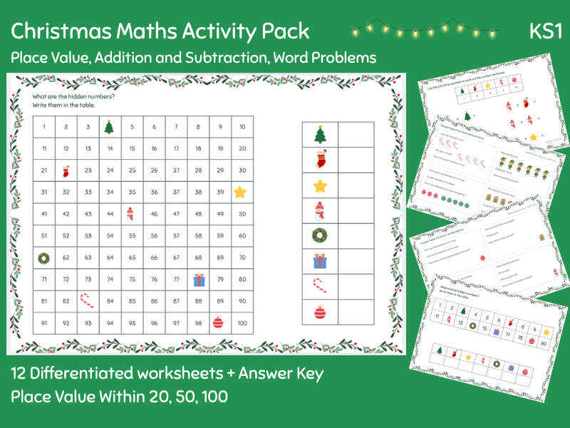 Christmas Maths Year 1 | Missing Numbers, Addition, Subtraction & Word Problems to 100 | KS1