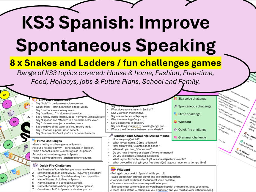 KS3 Spanish: Speaking -Snakes & Ladders + fun challenge game FREE