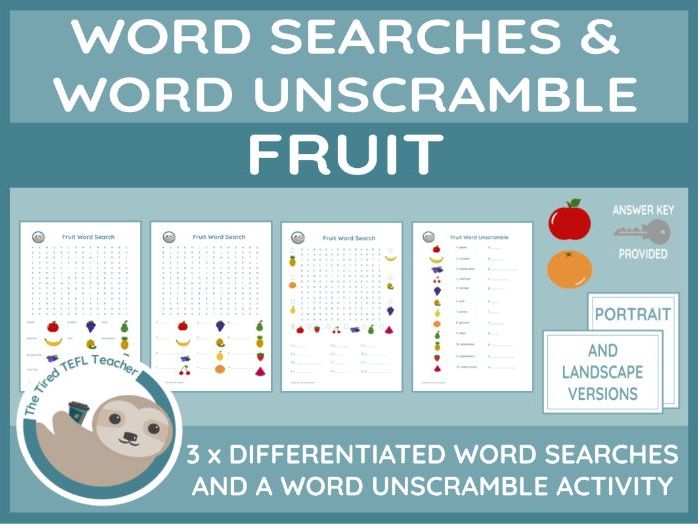 ESL Fruit Differentiated Word Searches and Word Unscramble