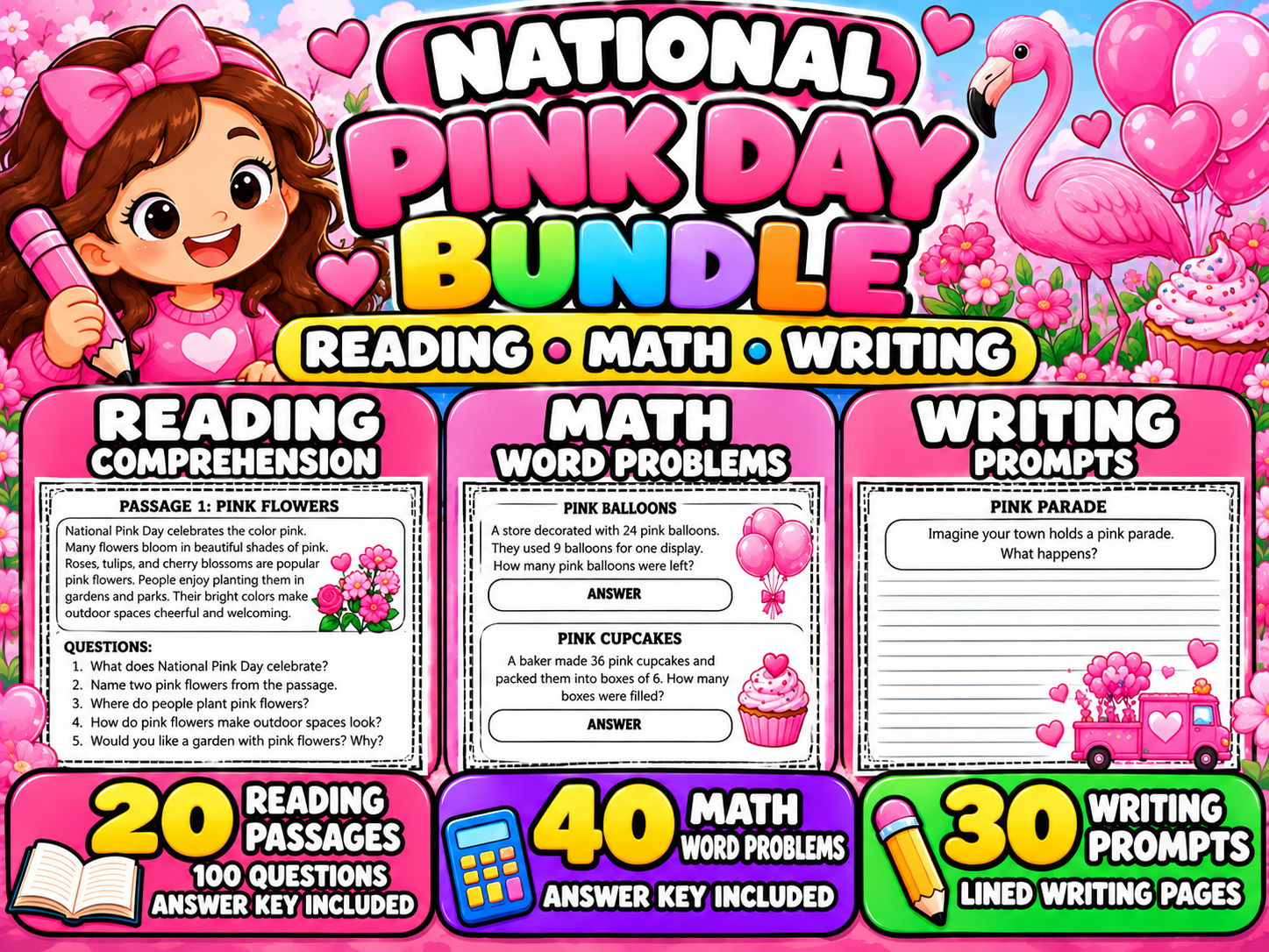 National Pink Day Bundle | Reading Comprehension, Math & Writing Activities