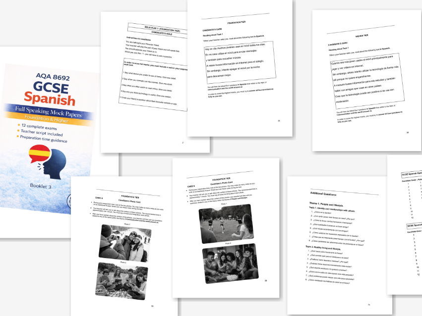 AQA GCSE Spanish 12 Speaking Mock Papers (F+H); Extra questions; Sequence chart (Booklet 3)