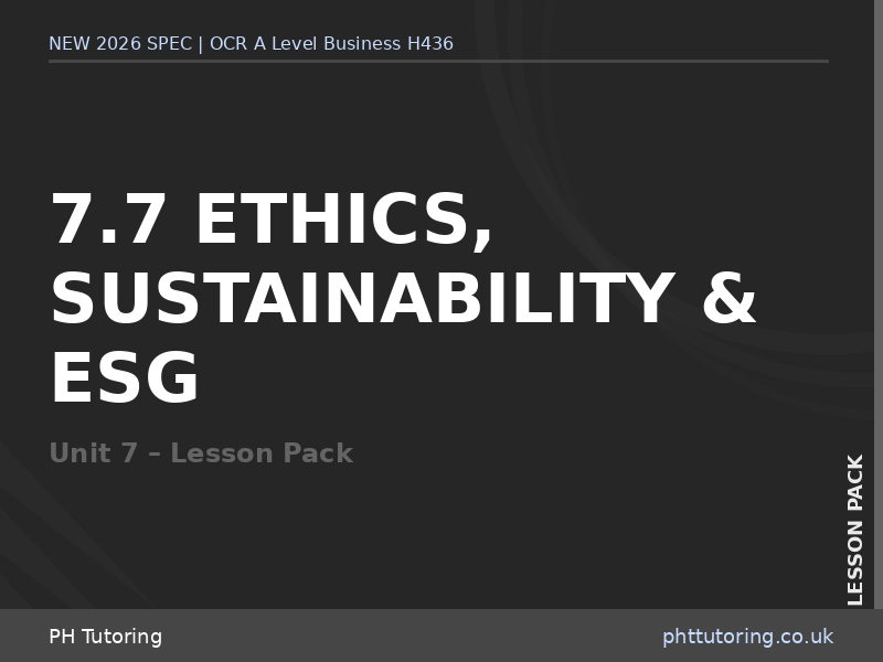 NEW 2026 OCR A Level Business H436 – 7.7 Ethics, Sustainability & ESG – LESSON PACK