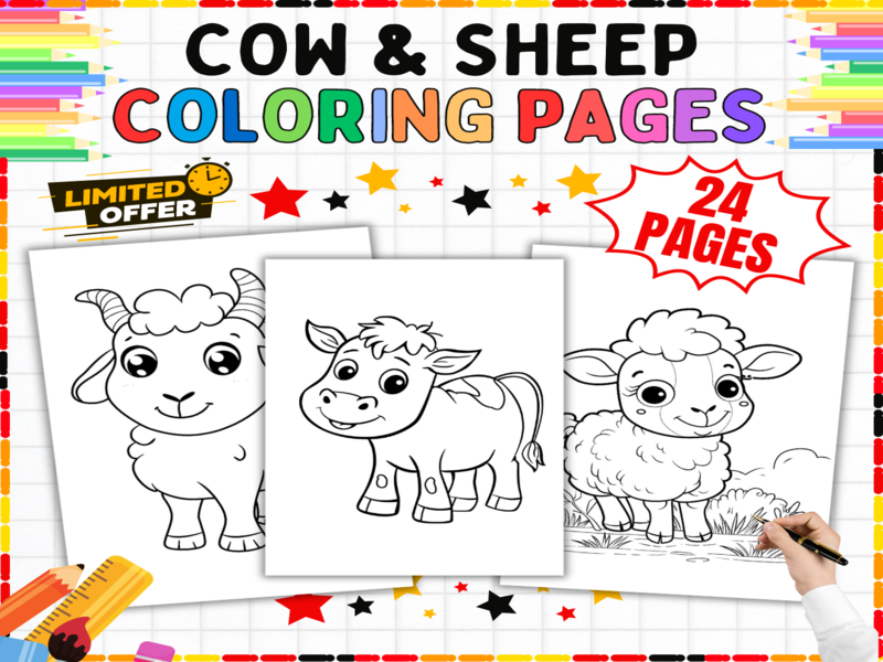 Cow & Sheep Farm Animal Colouring Pages | 24 Printable Worksheets for Kids Creative Learning