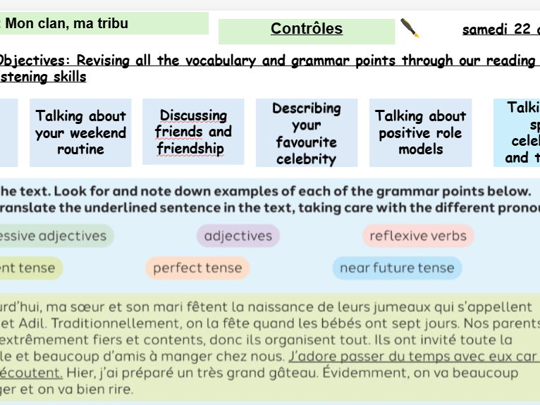 New French AQA Higher GCSE Module 2  Mon clan, ma tribu Contrôles de lecture, ecriture,...
