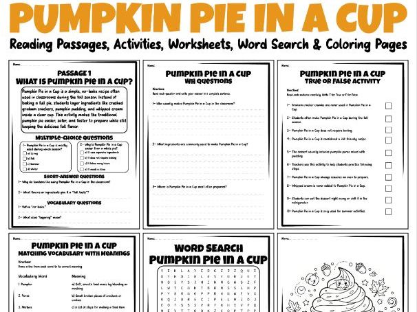 Pumpkin Pie in a Cup Reading Passages, Worksheets, Activities, Word Search & More
