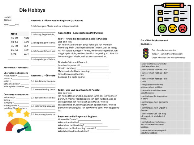 Hobbies & Opinions (German) – Assessment, Mark Scheme & Self Assessment