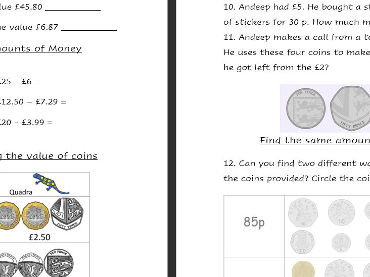 Maths Money Cold Task Year 4: Checklist and Resource