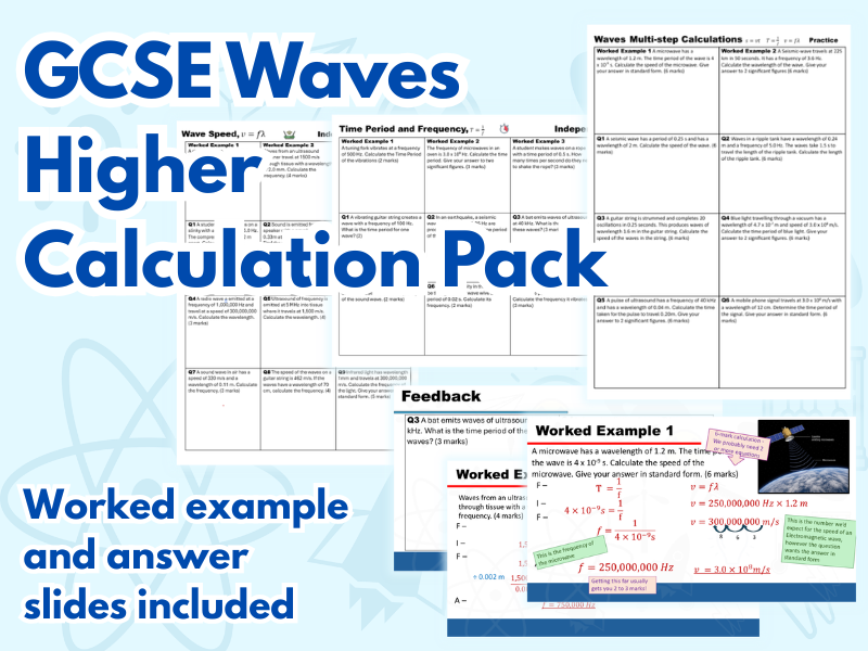 GCSE Science - Waves Equations Higher Topic Megapack - 3 SLOP Calculation Worksheets with Answers