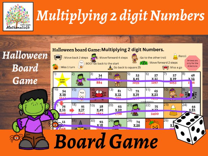 Multiplying 2 digit Numbers Halloween Board Dice Game