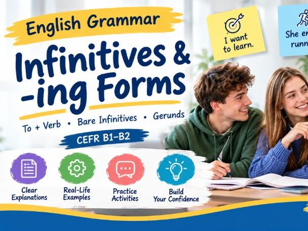 infinitives and -ing forms. to + verb infinitives, bare infinitives. gerunds (-ing forms) CEFR B1–B2