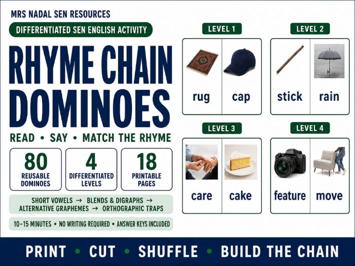 Rhyme Chain Dominoes Activity | 80 Differentiated SEN Cards | 4 Levels
