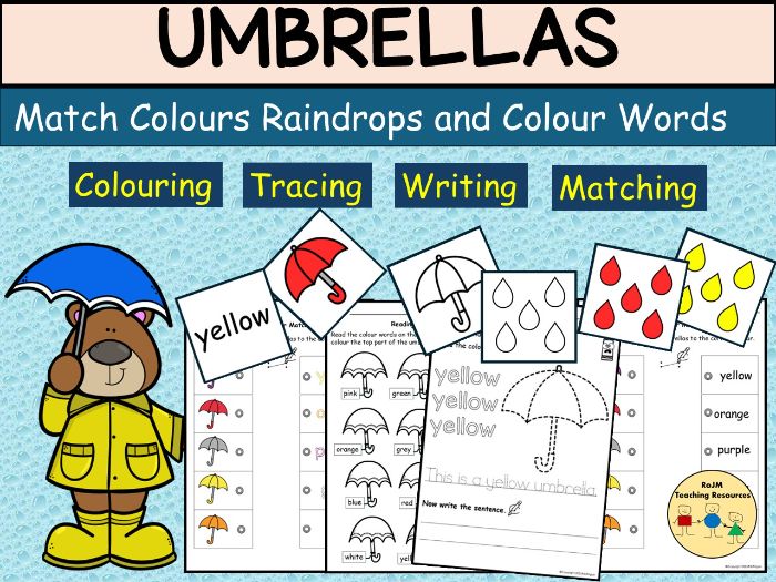 Colours Umbrellas Match Sort Raindrops Worksheets Spring Summer