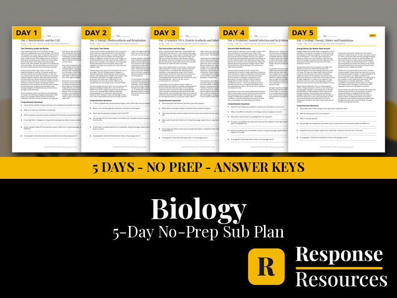 Biology Emergency Sub Plans - 5 Days No Prep Print and Go Reading Worksheets