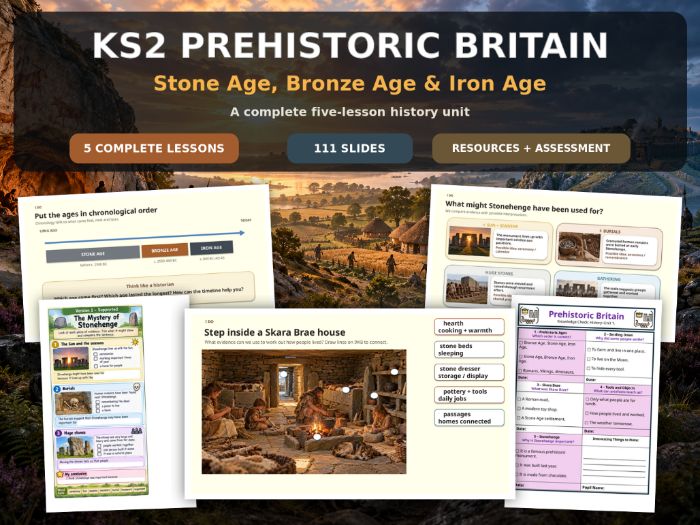 KS2 Prehistoric Britain history unit exploring the Stone Age, Bronze Age and Iron Age