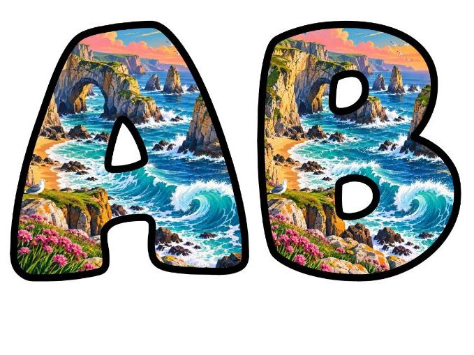 Coastal Cliffs Sunset Bubble Letters | Geography Topic Bulletin Board Letters