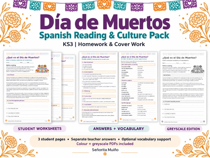 Día de los Muertos Spanish Reading Comprehension - KS3 Day of the Dead - Homework & Cover
