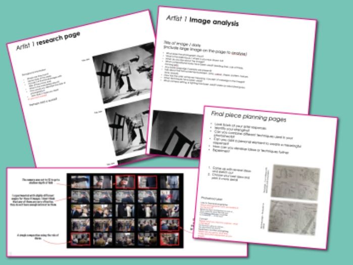 GCSE digital Photography sketchbook with placeholders, sentence starters and prompts for students