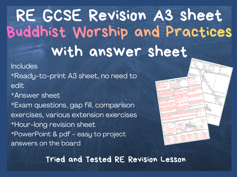 RE GCSE Buddhism Worship and Practices Revision A3 Sheet | Printable with answers