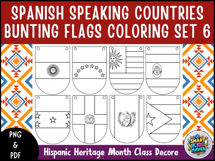 Hispanic Heritage Month Country Flags Coloring Pennants Banner Set 6