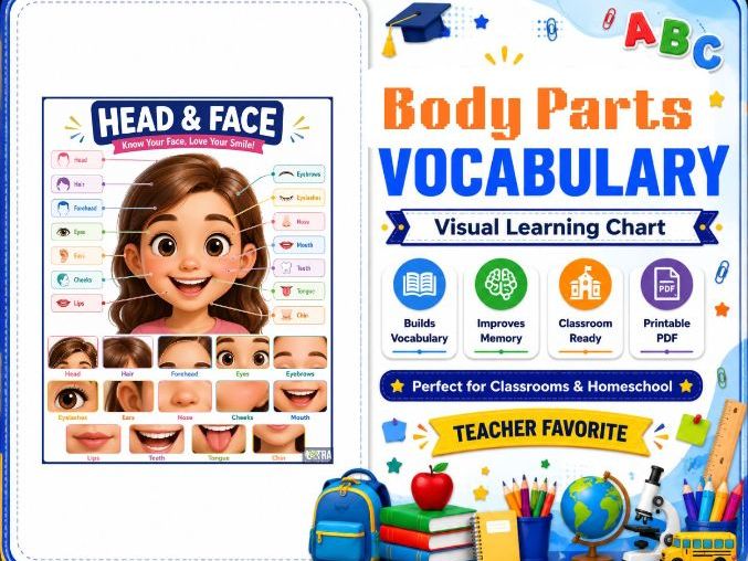 Printable My Body Vocabulary Poster – Visual English Learning Chart for Preschool, Kindergarten