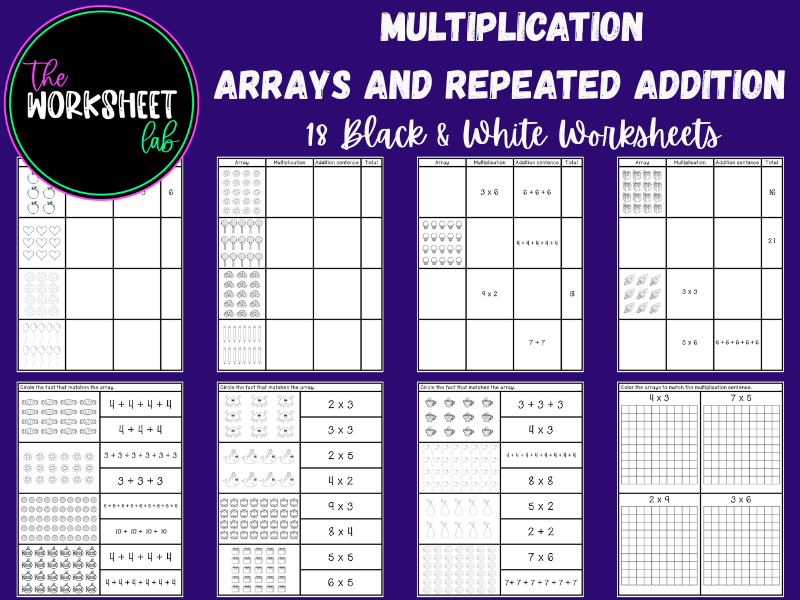 Multiplication - Arrays and Repeated Addition Worksheets in Black and White