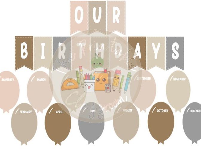 Classroom birthday balloon display neutral theme