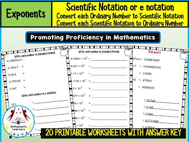 Scientific (E) Notation – Convert Between Scientific Notation and Ordinary Numbers Worksheets, Math