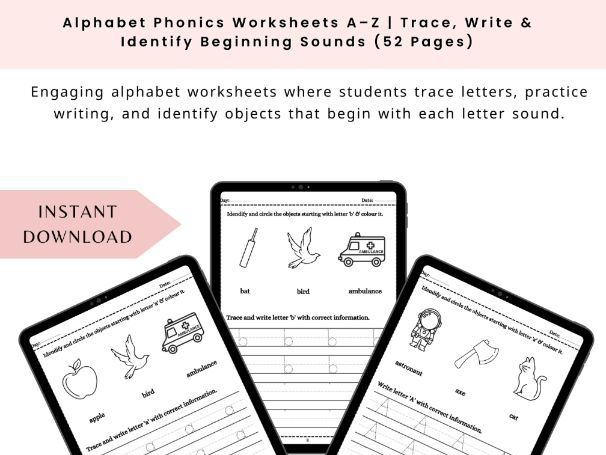Alphabet Phonics Worksheets A–Z | Trace, Write & Identify Beginning Sounds (52 Pages)