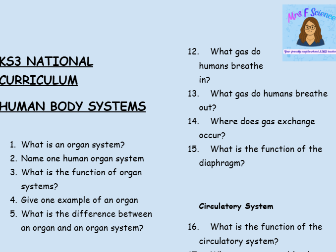 KS3 Science Retrieval Practice – Human Body Systems (30 Questions + Answers)