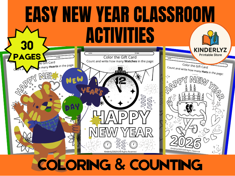 New Year Coloring and Counting Cards