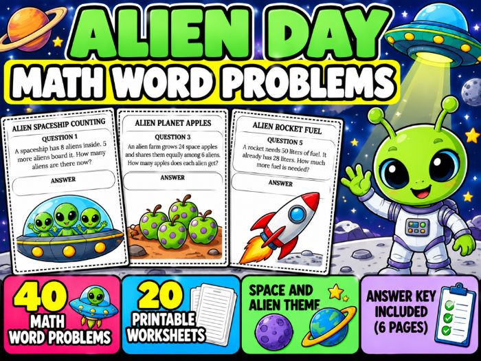 Alien Day Math Word Problems | 40 Worksheets with Answer Key