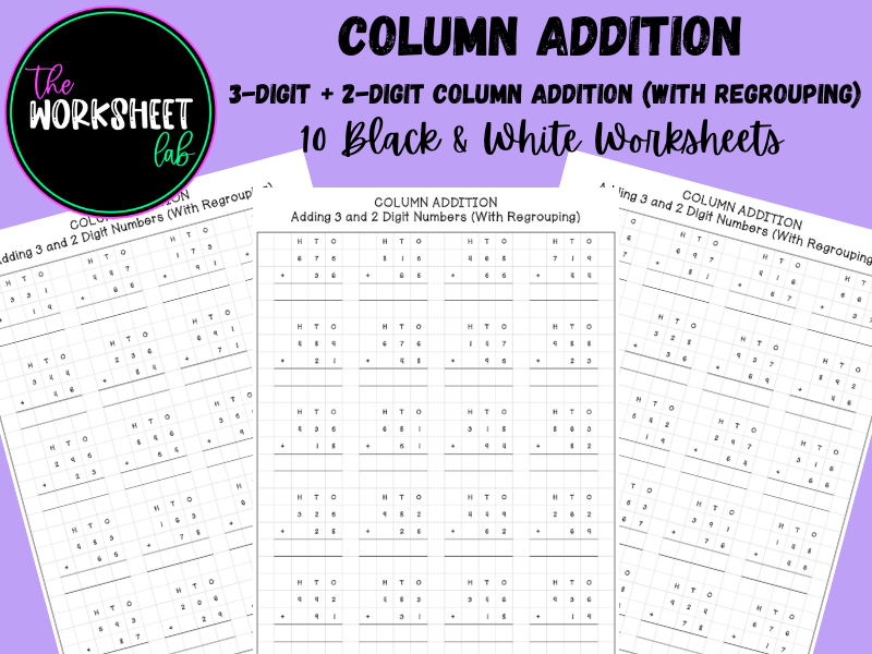 Addition: 3-Digit + 2-Digit Column Addition on Squared Paper (With Regrouping) B&W