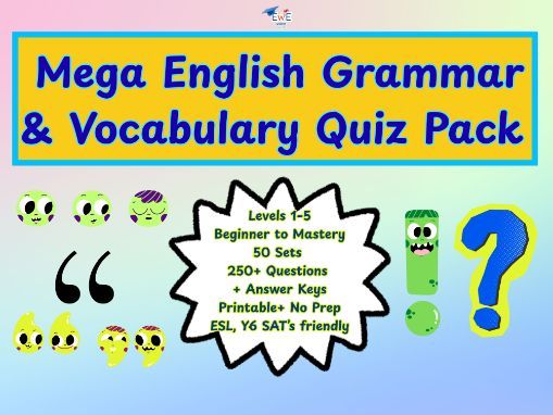 Mega English Grammar & Vocabulary Quiz Pack | Levels 1–5 | 250+ Questions + Answer Keys